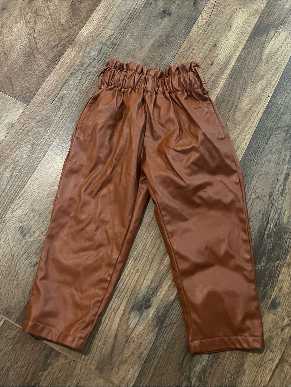 Kids Faux Leather Elastic Waist Joggers - Brown